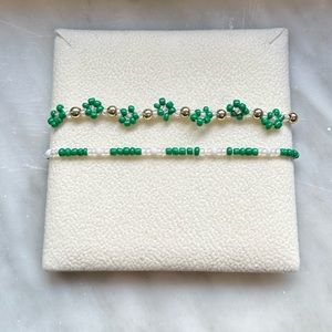 Two Handmade Dark Green Flower Beaded Bracelet